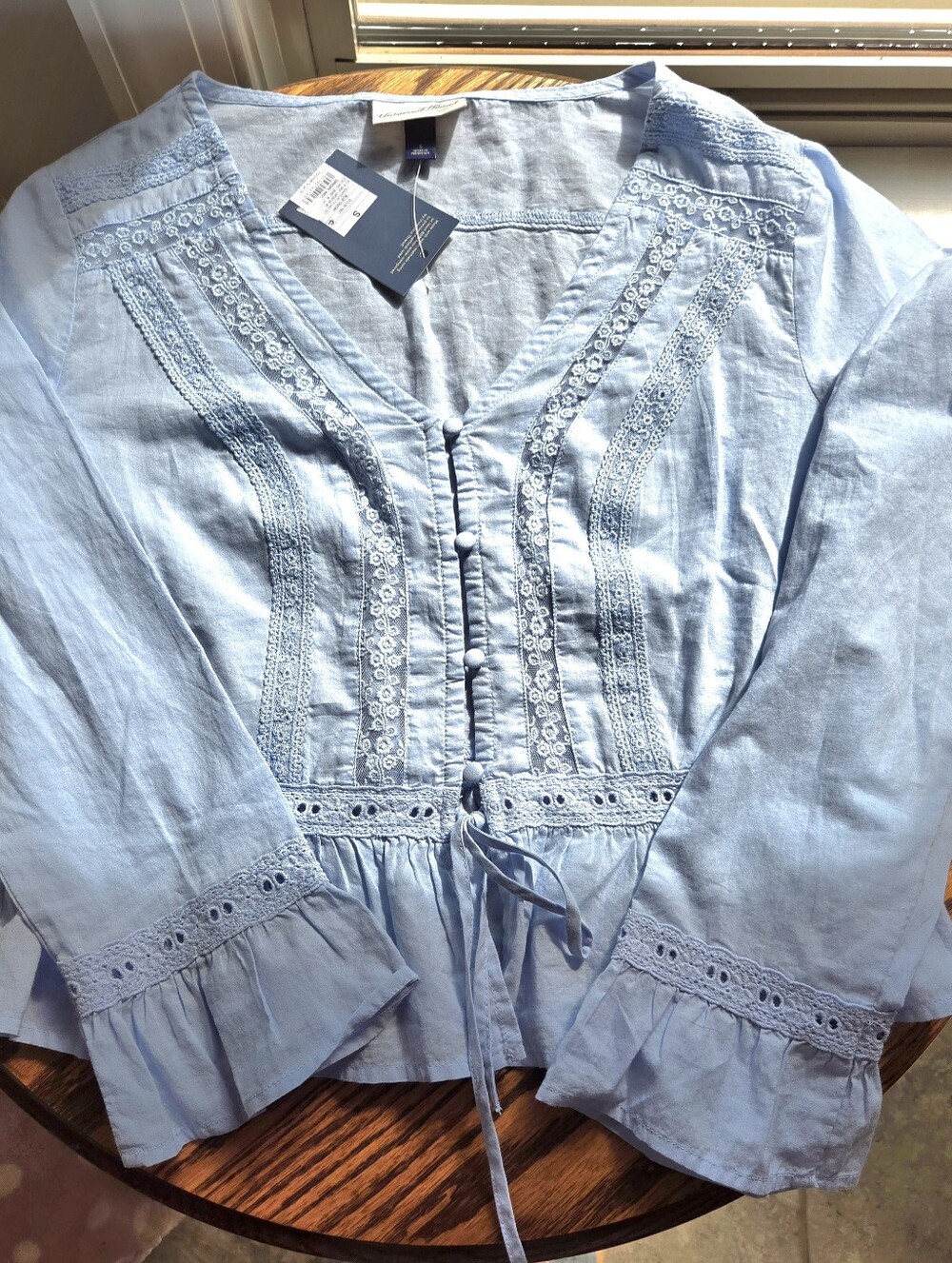 NWT Universal Thread Light Blue Lace Insert V-Neck Front Button Top Sz S